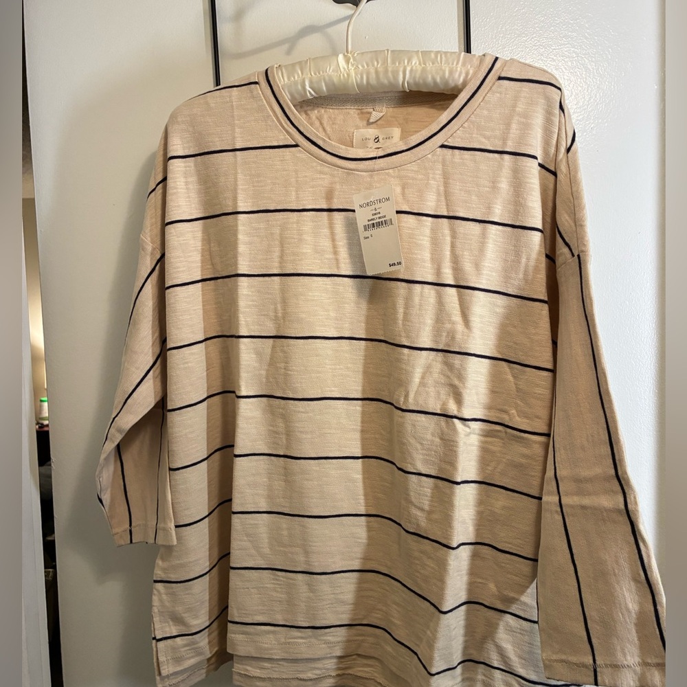 Nordstrom classic Beige with Navy Stripe shirt sz S